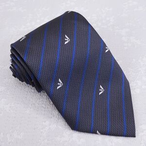 New! Giorgio Armani Silk Tie Gray Blue Striped Silver Logo Motif Handmade ITALY